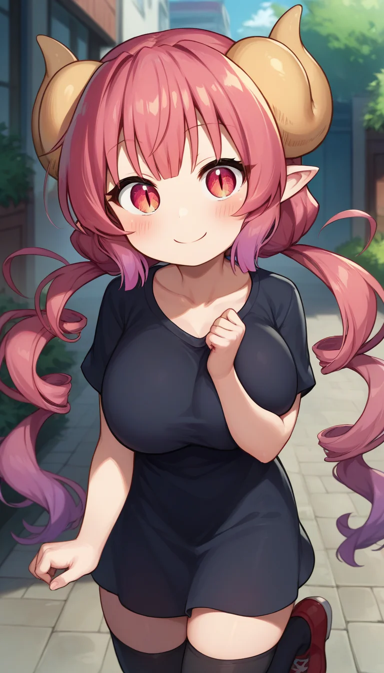 score_9,score_8_up,score_7_up,score_6_up BREAK official art,solo,outdoors,upper body,(portrait:1.5),looking at viewer,facing viewer,smile,blush,Iruru,dragon girl,dragon horns,shortstack,very long hair,multicolored hair,red hair,pink hair,twintails,pointy ears,sidelocks,bangs,slit pupils,red eyes,collarbone,black dress,short sleeves,huge breasts,zettai ryouiki,black thighhighs,red footwear,<lora:Iruru(mkdm)-Pony:1.4>,