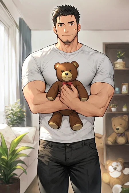 score_9, score_8_up, score_7_up, rating_safe, 1boy, bara, solo, male focus, mature male, short hair, black hair, brown eyes, facial hair, stubble, muscular, looking at viewer, cowboy shot, smile, standing, white t-shirt, black pants, teddy bear, stuffed toy, holding stuffed toy, hugging object, indoors, living room <lora:OIS Bara Style 6 LoRA_Pony XL v6:0.7>