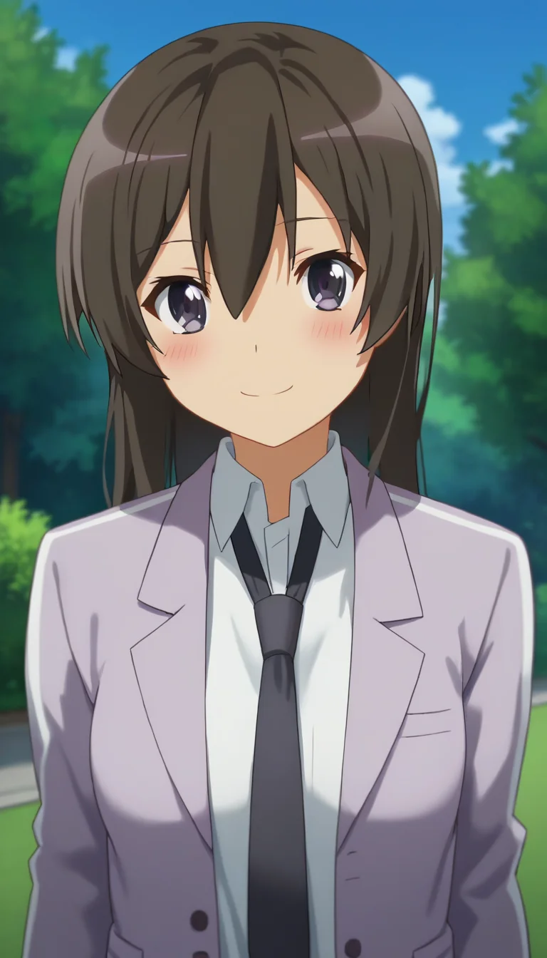 score_9,score_8_up,masterpiece,best quality,correct anatomy,anime_source,1girl,solo,perfect eyes,perfect arms,perfect legs,perfect face,outdoors,upper body,(portrait:1.5),looking at viewer,facing viewer,smile,blush,Yasaka Mahiro,long hair,black hair,hair between eyes,bangs,grey eyes,school uniform,grey jacket,Blazer,black necktie,white shirt,collared shirt,long sleeves,medium breasts,black pants,loafers,brown footwear,<lora:Yasaka Mahiro(hns)-Pony:1.6>,