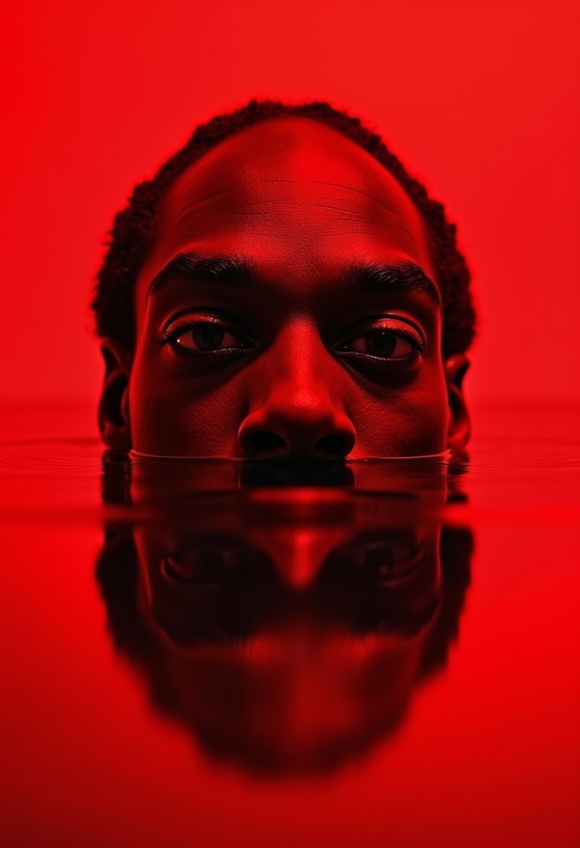 This image features the head of Snoop_Dogg with a bright red hue, creating a striking visual effect. The image is split horizontally in the middle, as if the lower half of the head is submerged in water, creating a reflection that mirrors the upper part. The eyes are focused and intense, adding to the image's dramatic tone.