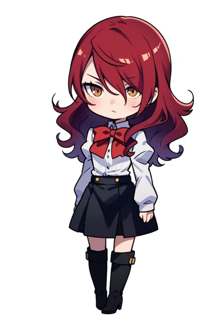 score_9, score_8_up, score_7_up, expressiveh, masterpiece, best quality, chibi, fca_style, girl standing, girl standing with her hands on her hips, disappointed expression, disappointed, half closed eyes, raised eyebrows
1girl, p3mitsuru, kirijou mitsuru, long hair, red hair, hair over one eye, p3mitsuru-winuni, gekkoukan high school uniform, white shirt, long sleeves, puffy sleeves, bowtie, red bowtie, skirt, black skirt, knee boots, black footwear,
Facing viewer, looking at viewer, front view, eye contact with viewer, white background, simple background, source_anime, cute, chibi, kawaii, 2d color, simple color, simple shading, flat color, chibi body, chibi art style:1.1, fca_style, super deformer,