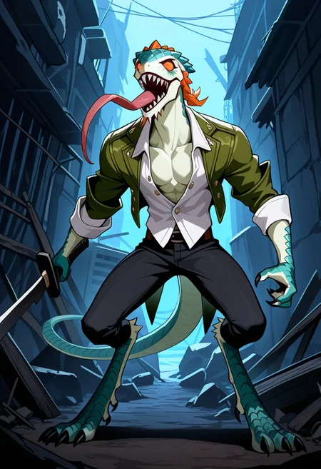 score_9, score_8_up, score_7_up, score_6_up, score_5_up, score_4_up, high quality, (detailed eyes:1.5), (detailed face), ((perfect face)), master piece, best high quality, ultra details, intricate details, male focus, detailed body, detailed background, perfect anatomy, masterpiece, high quality, best quality, amazing quality, very aesthetic, absurdres, Evil Reptilian, Orange Hair, Blue Scales, Green Scales, Red Eyes, Green Jacket, White button shirt, open shirt, anthro lizard, shipwreck location, holding kukri, mouth open, sharp teeth, long tongue, glowing eyes, dark atmosphere, digitigrade, clawed hand, clawed feet, lizard tail