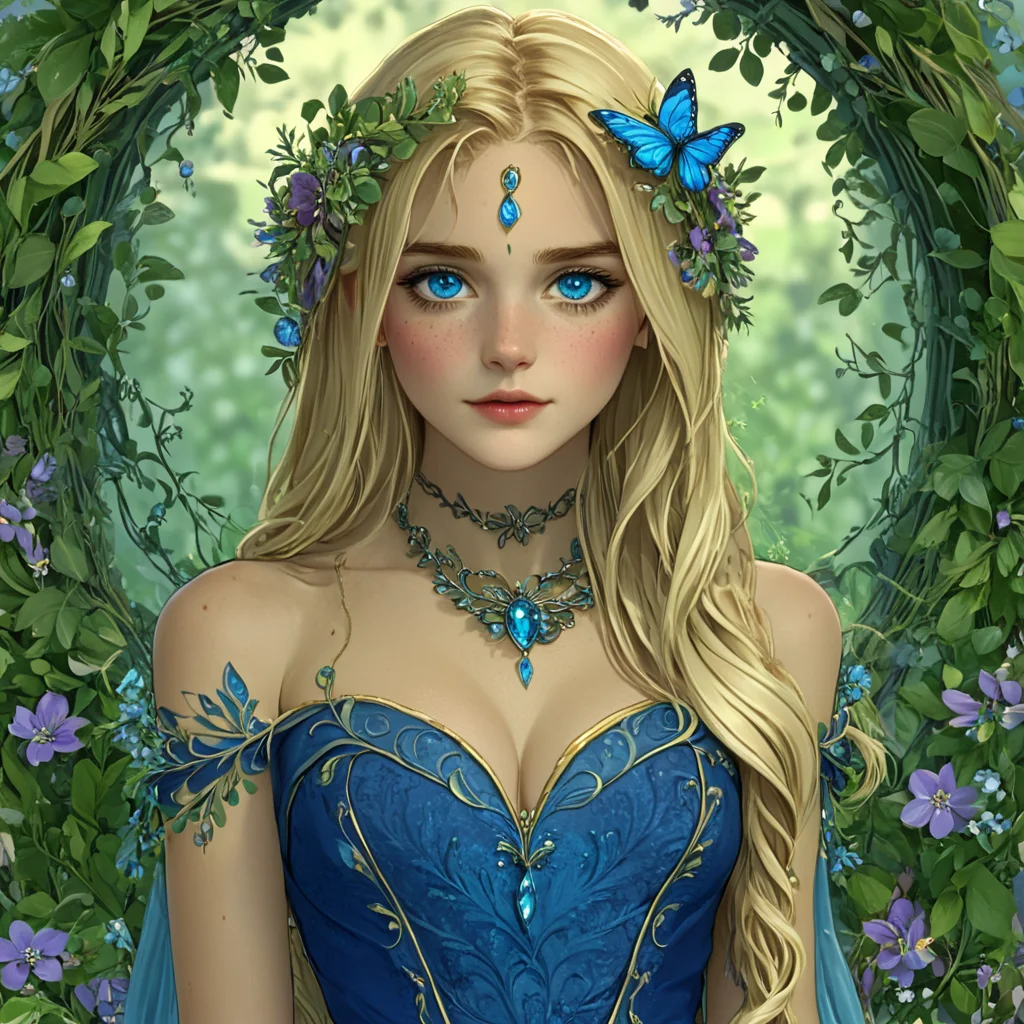 <lora:ArsMJStyle_-_SDXL:1>, ArsMJStyle, Virgo, The image shows a woman with long blonde hair wearing a blue dress and a necklace surrounded by a wreath of flowers and leaves., 1girl, solo, flower, long hair, breasts, hair ornament, blonde hair, , hair flower, butterfly, bug, looking at viewer, jewelry, parted lips, blue eyes, freckles, lips, upper body, bare shoulders, purple flower
