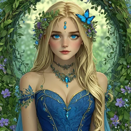 <lora:ArsMJStyle_-_SDXL:1>, ArsMJStyle, Virgo, The image shows a woman with long blonde hair wearing a blue dress and a necklace surrounded by a wreath of flowers and leaves., 1girl, solo, flower, long hair, breasts, hair ornament, blonde hair, , hair flower, butterfly, bug, looking at viewer, jewelry, parted lips, blue eyes, freckles, lips, upper body, bare shoulders, purple flower