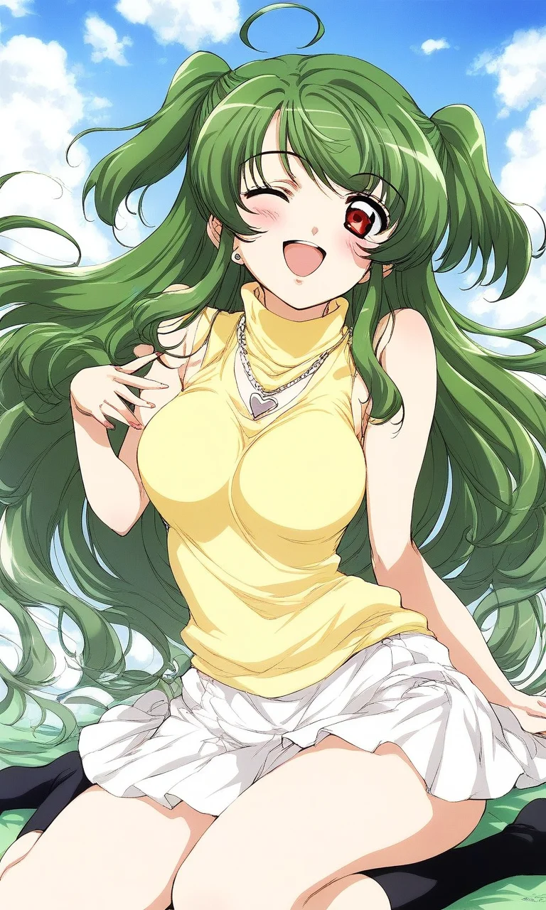 score_9, score_8_up, score_7_up, source_anime, rating_explicit, BREAK <lora:Yoko_Inukami_XL:1> Yoko_Inukami, green hair, very long hair, ahoge, red eyes, two side up, jewelry, necklace, breasts,
one eye closed, white skirt, heart, blush, smile, open mouth, Yellow sleeveless, black socks, kneehighs, sleeveless turtleneck
grassland, sky,
