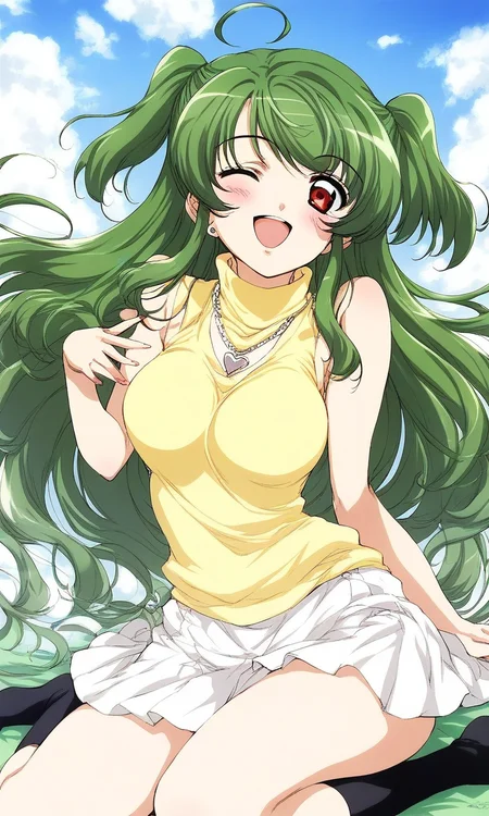 score_9, score_8_up, score_7_up, source_anime, rating_explicit, BREAK  <lora:Yoko_Inukami_XL:1> Yoko_Inukami, green hair,  very long hair, ahoge, red eyes, two side up, jewelry, necklace, breasts, 
one eye closed, white skirt, heart, blush, smile, open mouth, Yellow sleeveless, black socks, kneehighs, sleeveless turtleneck
grassland, sky,