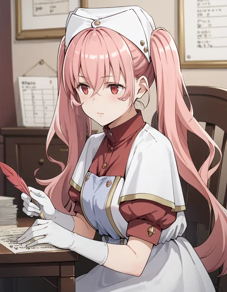 score_9, score_8_up, score_7_up, source_anime, BREAK
1girl, simple background, room, upper body,
heith velvet, long hair, pink hair, twintails, hair between eyes, red eyes, from side,
nurse outfit, nurse cap, red dress, white apron, puffy sleeves, short sleeves, white gloves,
sitting on chair, writing, quill, holding quill, paper,
<lora:heith_velveta_anime-soralz:0.9>