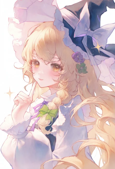 <lora:match2_noob1.1-000190:1>,(maccha \(mochancc\):0.3),
1girl, blonde hair, long hair, solo, hat, witch hat, kirisame marisa, white background, flower, bow, braid, black headwear, frills, black vest, white shirt, single braid, hat bow, upper body, shirt, white bow, yellow eyes, hair ornament, sparkle, looking at viewer, floating hair, hair flower, frilled hat, hair bow, ribbon, purple flower, star \(symbol\), vest, long sleeves, green bow, simple background, from side, eyelashes, smile, index finger raised, butterfly, hand up, black dress, parted lips, buttons, white flower, light blush, bug, purple bow, neck ribbon, blush, white sleeves, closed mouth, collar,
masterpiece,best quality,newest,absurdres,highres,very awa,
