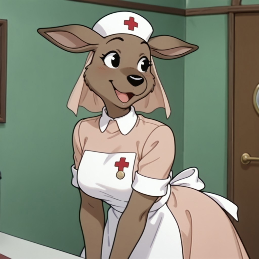 masterpiece, best quality, amazing quality, roonurseil, semi-anthro, female, kangaroo, brown fur, black eyes, pink dress, white trim, white apron, medal, white nurse cap, pink veil, red cross, happy, inside, solo