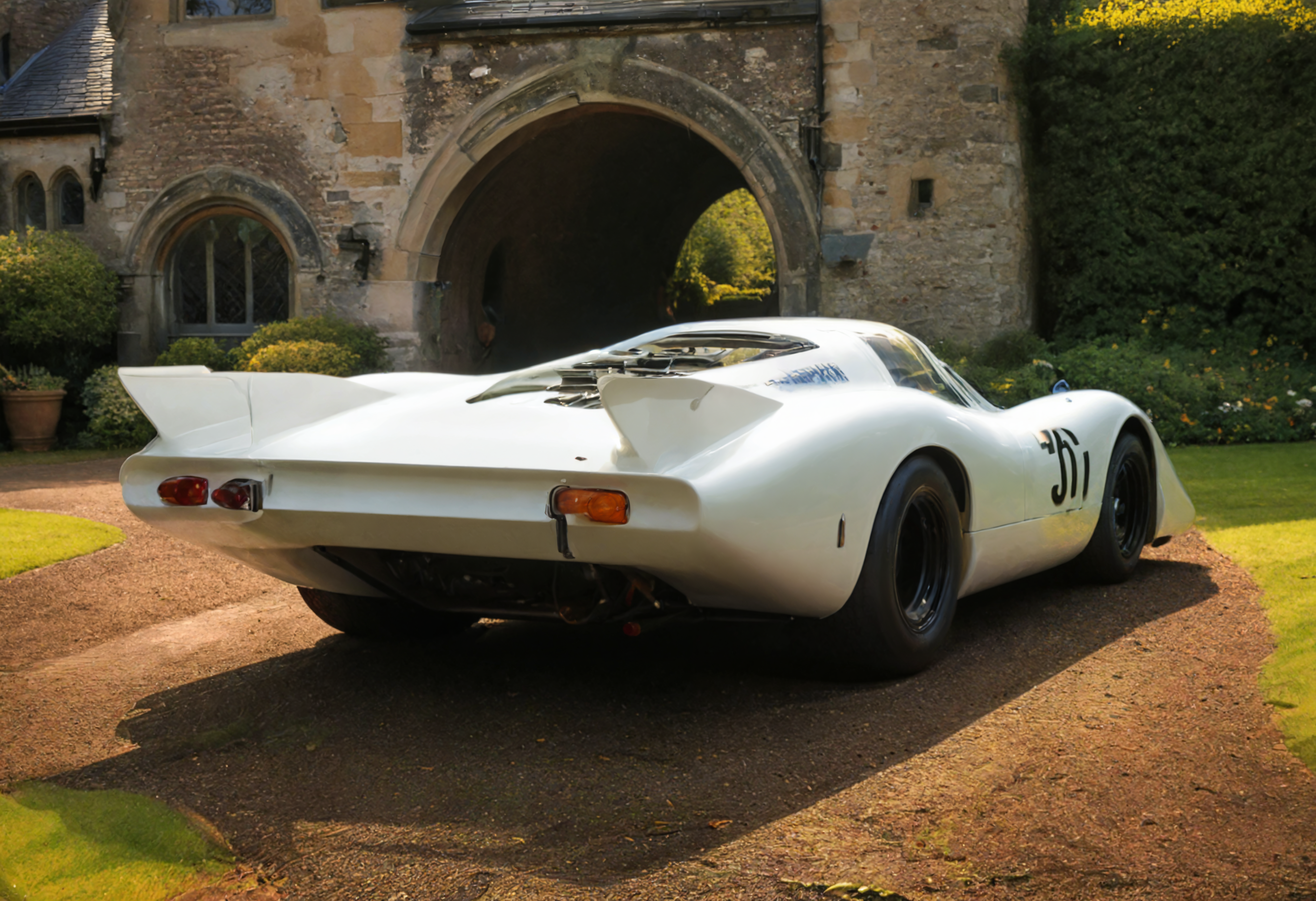 a photograph of a sports car, p0rsche9l7xl,     Golden Hour: A warm and soft light that occurs during sunrise or sunset, casting long shadows and creating a dreamy atmosphere., Arctic White,  rear view, A historic, ivy-covered castle in Scotland., dark, low-key,   low color saturation, concept art, perfect composition, masterpiece, professional photography, zeiss lens, shot on dslr 64 megapixels, sharp focus, intricately detailed, dramatic, tilt shift, f/32,