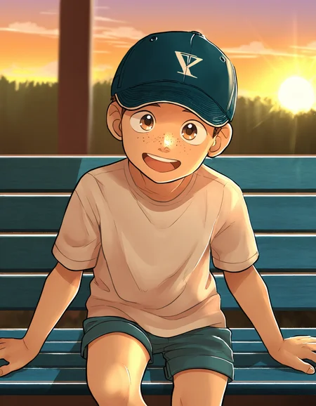 masterpiece, eeroku-style, outdoors, sunset, sunlight, pencil outline, 1boy, solo, freckles, baseball cap, brown eyes, sitting, open mouth, smile, looking at viewer, t-shirt, shorts, on bench <lora:a6_naiXL_v1Nb-ShoAI:1>