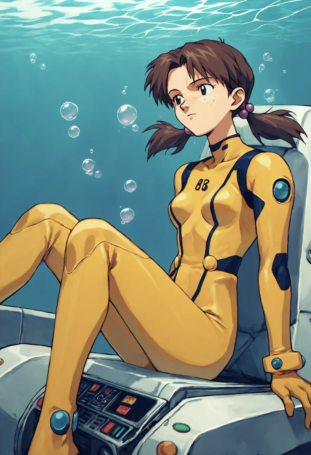 score_9, score_8_up, score_7_up, score_6_up, score_5_up, score_4_up, BREAK, source_anime, 1990s \(style\), retro artstyle,
underwater, deep abyss background, dark blue background,
yellow plugsuit, floating bubbles, pilot seat, sitting in cockpit, lying,
1girl, hikarihoraki, brown hair, twintails, freckles, floating hair, hair bobbles, long hair, black eyes <lora:HikariHorakiXL:1>
