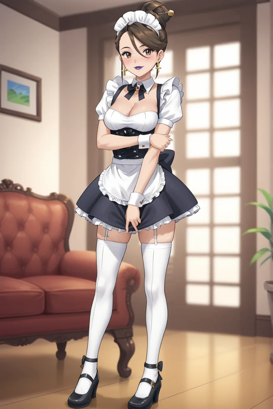 score_9, score_8_up, score_7_up, score_6_up, score_5_up, score_4_up, BREAK, 1girl,
<lora:SierraXL-v1-07:0.8>, ChopioSierra, brown hair, single hair bun, hair stick, brown eyes, purple lipstick, earrings, looking at viewer, 
medium breasts,
living room, maid outfit, ribbed shirt, black corset, cross-laced clothes, seductive smile, sexy pose, frills, cleavage, white shirt, cleavage, thighs, v-arms, white kneehighs, mary janes, full body, standing, 
<lora:Style_Pokemon2:0.8>, pks, pokemon, pokemon, pokemon \(anime\), pokemon \(classic anime\), anime screencap,