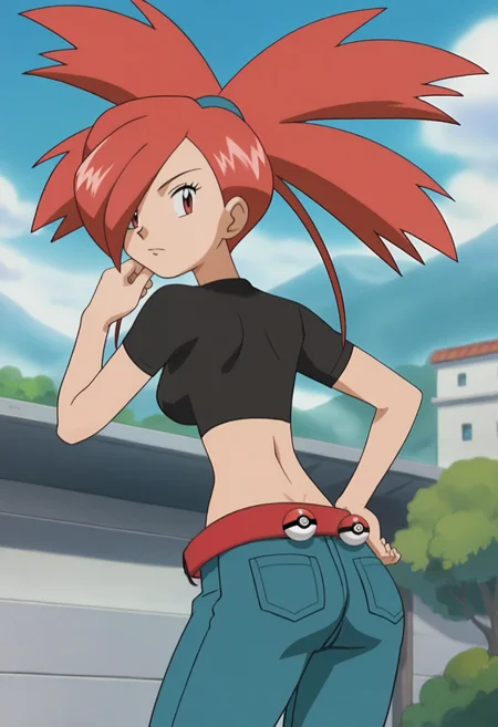 score_9, score_8_up, score_7_up, score_6_up, anime screencap, anime coloring, <lora:PMFlannery_epoch_7:0.7>, PMFlannery, red eyes, red hair, bangs, hair over one eye, ponytail, hair tie, breasts,
crop top, black shirt, short sleeves, belt, navel, midriff, jeans,
from behind, poke ball, leaning forward, ass, looking back, hand on own hip, 
BREAK day, sunlight, blue sky, cityscape,