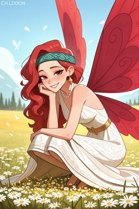 Woman is a fairy and wears luxurious dress, pearl necklace, golden earrings with ruby. She has big chamomile petals-shaped wings with patterns. She sits on knees among chamomile field in shy pose with lowered her head down. She also has a wavy hair with headband,
ch1ldcn, <lora:ChildCartoon-illustrious:1>