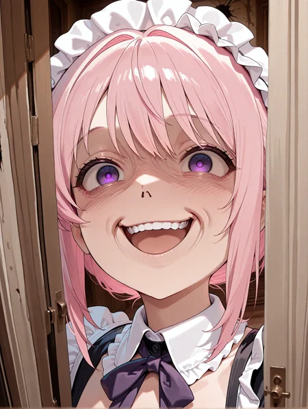 solo, 1girl, CivChan, pink hair, purple eyes, maid uniform, open mouth,teeth, wrinkled skin, portrait,meme, sensitive, The Shining film style anime artwork of Jack Torrance In the 1980's in the Colorado Rocky Mountains a man with a beard and a shirt is looking through a broken door with a creepy smile, by shiro youduki,masterpiece,best quality,newest,absurdres,highres,very awa,