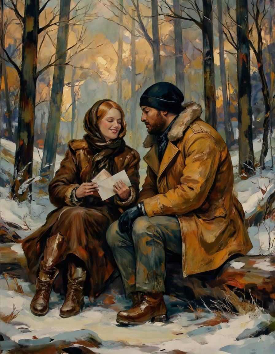 Rembrandt style <lora:funnys:0.4>, This is a photograph capturing a serene winter scene in a snowy forest. Two people, a man and a woman, are seated on a log in the middle of the forest. The woman, on the left, is wearing a brown fur coat and a dark brown woolen scarf draped around her head, covering her hair. She has a gentle smile as she holds a white envelope in her hands. Her expression suggests a sense of contentment and joy., 
The man, positioned to the right, is dressed in a tan, heavy winter coat with a fur-lined hood. He wears a black knit hat and has a slight beard. He is seated on the log, leaning towards the woman, and appears to be engaged in conversation with her. Both individuals have a warm, intimate atmosphere, suggesting a close relationship., 
The background is filled with tall, snow-covered pine trees, their branches laden with snow. The ground is blanketed with snow, and the light filtering through the trees creates a soft, golden glow, enhancing the serene and peaceful mood of the scene. The overall image is a blend of natural textures, from the soft fur of their coats to the rough bark of the log, with a delicate, almost dreamy quality that evokes a sense of tranquility and connection., <lora:ssf-4bstr4ct:1> . Baroque, chiaroscuro, realistic, emotional, "flat lighting