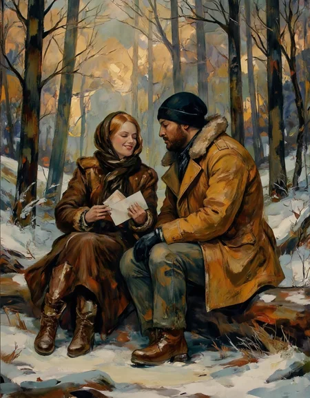 Rembrandt style <lora:funnys:0.4>, This is a photograph capturing a serene winter scene in a snowy forest. Two people, a man and a woman, are seated on a log in the middle of the forest. The woman, on the left, is wearing a brown fur coat and a dark brown woolen scarf draped around her head, covering her hair. She has a gentle smile as she holds a white envelope in her hands. Her expression suggests a sense of contentment and joy., 
The man, positioned to the right, is dressed in a tan, heavy winter coat with a fur-lined hood. He wears a black knit hat and has a slight beard. He is seated on the log, leaning towards the woman, and appears to be engaged in conversation with her. Both individuals have a warm, intimate atmosphere, suggesting a close relationship., 
The background is filled with tall, snow-covered pine trees, their branches laden with snow. The ground is blanketed with snow, and the light filtering through the trees creates a soft, golden glow, enhancing the serene and peaceful mood of the scene. The overall image is a blend of natural textures, from the soft fur of their coats to the rough bark of the log, with a delicate, almost dreamy quality that evokes a sense of tranquility and connection., <lora:ssf-4bstr4ct:1> . Baroque, chiaroscuro, realistic, emotional, "flat lighting