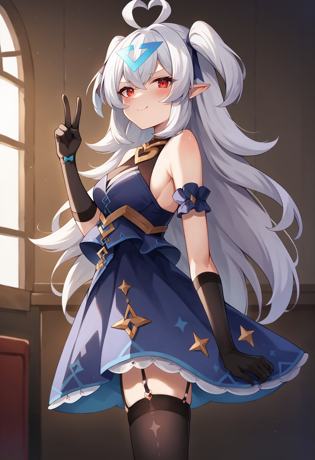 score_9, score_7_up, hd, (ultra hd quality details), source_anime, indoors,
solo, 1girl, e7lilibet, two-side up, heart ahoge, pointy ears,
lilibdes, white hair, red eyes, triangle hair ornament, hair ribbon, blue dress, sleeveless, bare shoulders, elbow gloves, garter straps, black thighhighs,
looking at viewer, blush, 
standing, v, smug, from side,
 <lora:_lilibet_e7-elesico-ponyv2b-e10:1>