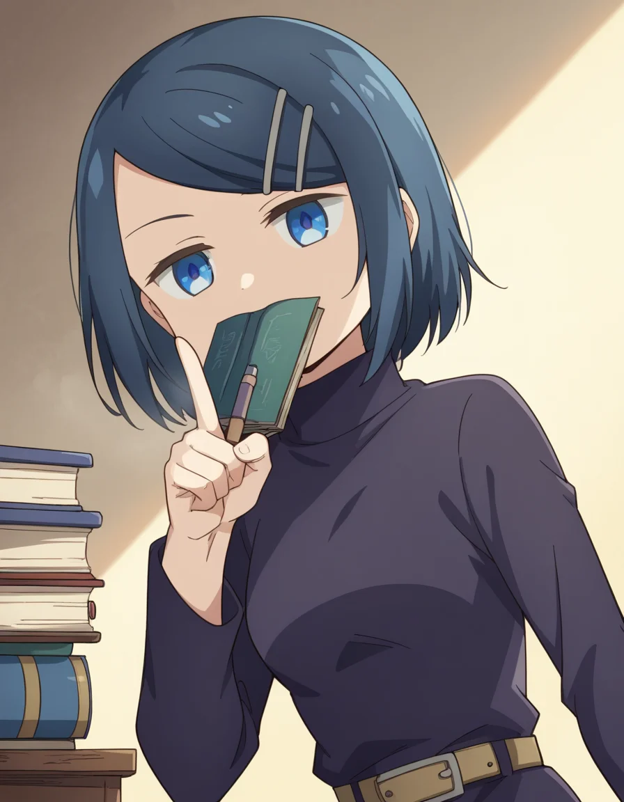 score_9, score_8_up, score_7_up, source_anime, <lora:dungeonpeople-clay-s1-ponyxl-lora-nochekaiser:1>, clay, short hair, blue eyes, black hair, hair ornament, blue hair, hairclip, swept bangs,, dress, belt, long sleeves, turtleneck,, bookstore, browsing shelves, new book smell, finding a favorite, quiet atmosphere, , , v, v over mouth, smug,, solo,, cowboy shot, dutch angle