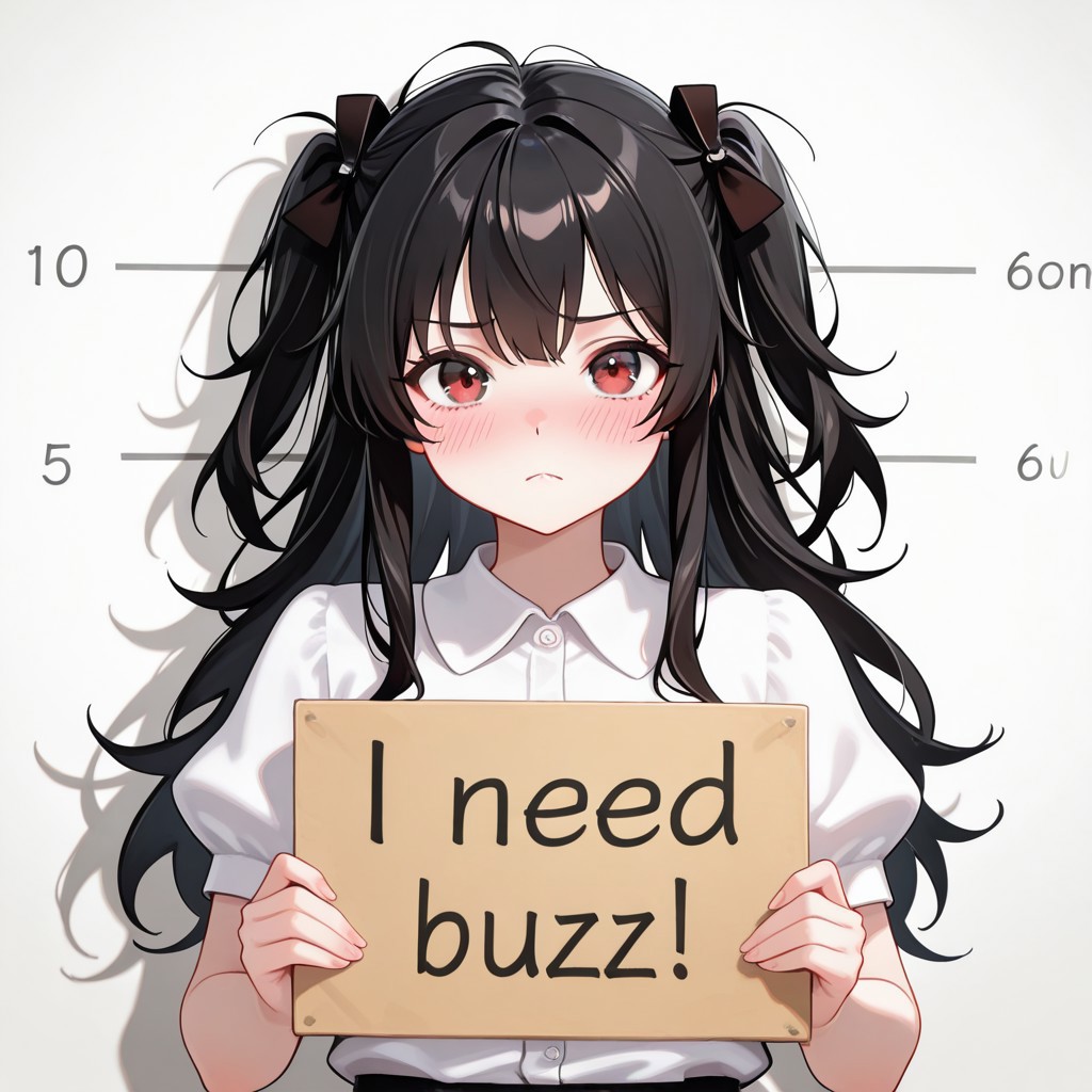 score_9, score_8_up, score_7_up, score_6_up, anime, beautiful, stunning, masterpiece, best quality, amazing quality,
Dimitrescu, black hair, long hair, messy hair, 
need_buzz, holding sign, need_buzz,
1girl, solo, sign, holding, long hair, looking at viewer, shirt, short sleeves, white shirt, collared shirt, upper body, closed mouth, frown, two side up, hair ornament, blush, sidelocks, height chart, puffy sleeves,