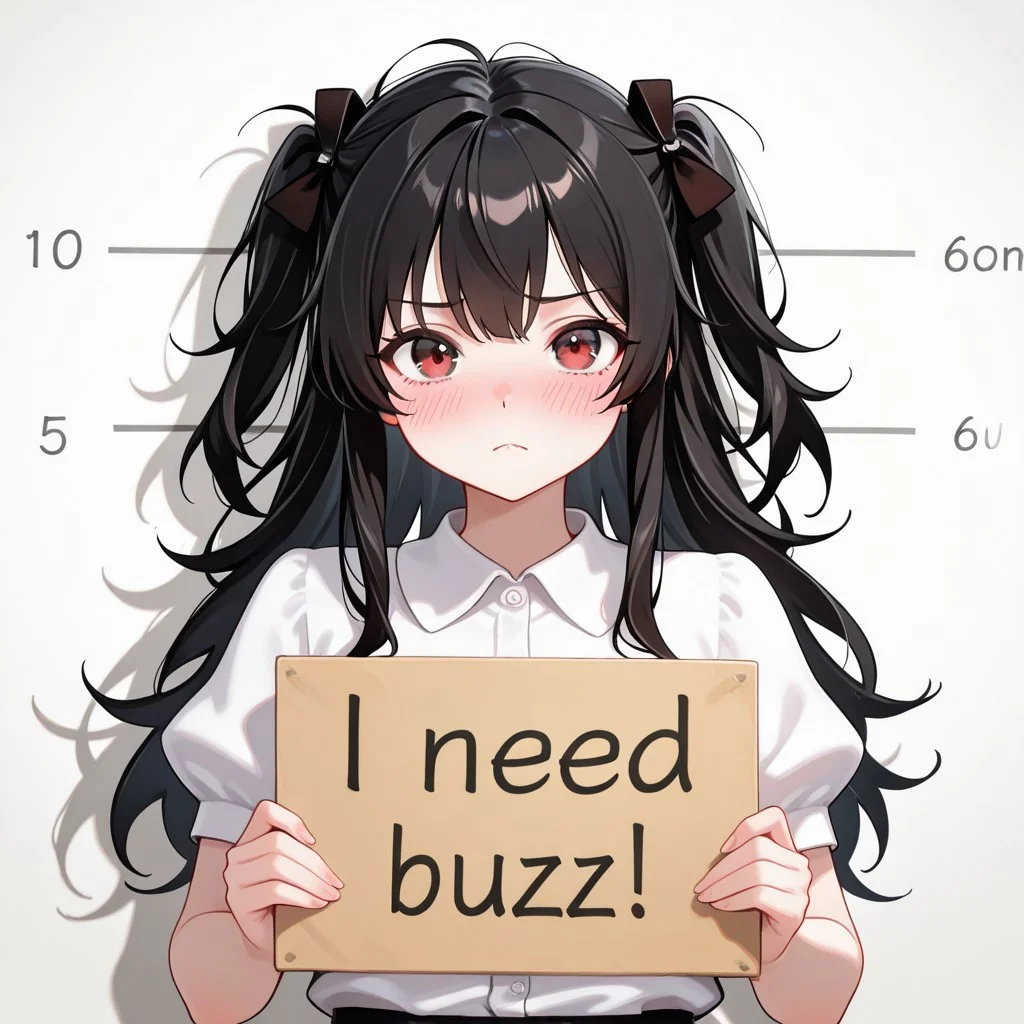 score_9, score_8_up, score_7_up, score_6_up, anime, beautiful, stunning, masterpiece, best quality, amazing quality,
Dimitrescu, black hair, long hair, messy hair,
need_buzz, holding sign, need_buzz,
1girl, solo, sign, holding, long hair, looking at viewer, shirt, short sleeves, white shirt, collared shirt, upper body, closed mouth, frown, two side up, hair ornament, blush, sidelocks, height chart, puffy sleeves,