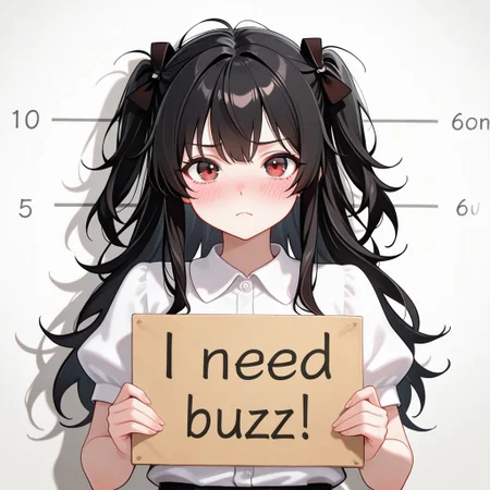 score_9, score_8_up, score_7_up, score_6_up, anime, beautiful, stunning, masterpiece, best quality, amazing quality,
Dimitrescu, black hair, long hair, messy hair,
need_buzz, holding sign, need_buzz,
1girl, solo, sign, holding, long hair, looking at viewer, shirt, short sleeves, white shirt, collared shirt, upper body, closed mouth, frown, two side up, hair ornament, blush, sidelocks, height chart, puffy sleeves,