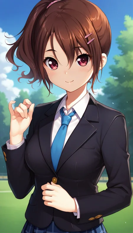 score_9,score_8_up,score_7_up,score_6_up BREAK official art,solo,outdoors,upper body,(portrait:1.5),looking at viewer,facing viewer,smile,blush,Sakura Anna,short hair,brown hair,side ponytail,hair ornament,hairclip,hair between eyes,parted bangs,red eyes,school uniform,black jacket,blazer,white shirt,collared shirt,blue necktie,long sleeves,medium breasts,miniskirt,blue skirt,pleated skirt,plaid skirt,black pantyhose,loafers,black footwear,<lora:Sakura Anna(Mebae)-Pony:1.4>,