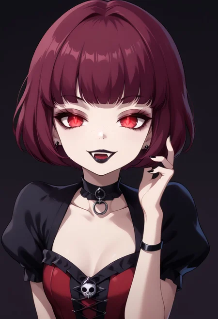 score_9, score_8_up, score_7_up, score_6_up, (haaru),concept art, digital artwork, highly detailed, sharp focus, portrait, polterp5x, magenta hair, bob cut, freckles, <lora:princess_xl_v2:0.3>, <lora:VampirePonyLora:0.9> vampire, red eyes, glowing eyes, fangs, <lora:Gothic:1>, GothicC, makeup, black lipstick, mascara, black nails, gothic dress, black dress, red dress, covered shoulders, fishnet, half closed eyes, smug, evil smile, dark background