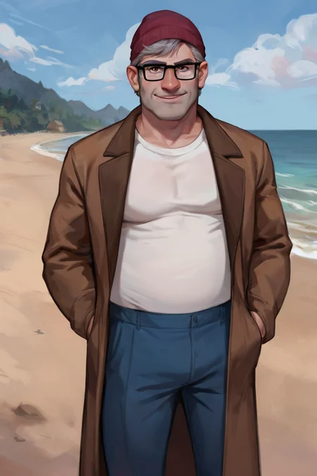 score_9, score_8_up, score_7_up, stanley pines, 1boy, solo, male focus, mature male, muscular male, plump, old man, short hair, grey hair, brown eyes, thick eyebrows, glasses, black-framed eyewear, facial hair, stubble, sideburns, looking at viewer, smile, red beanie, white shirt, brown coat, trench coat, long sleeves, blue pants, standing, cowboy shot, outdoors, blue sky, cloud, ocean <lora:Stanley (Stan) Pines - Gravity Falls v1.0 MIX [LoRA] - Pony V6 XL:0.8>