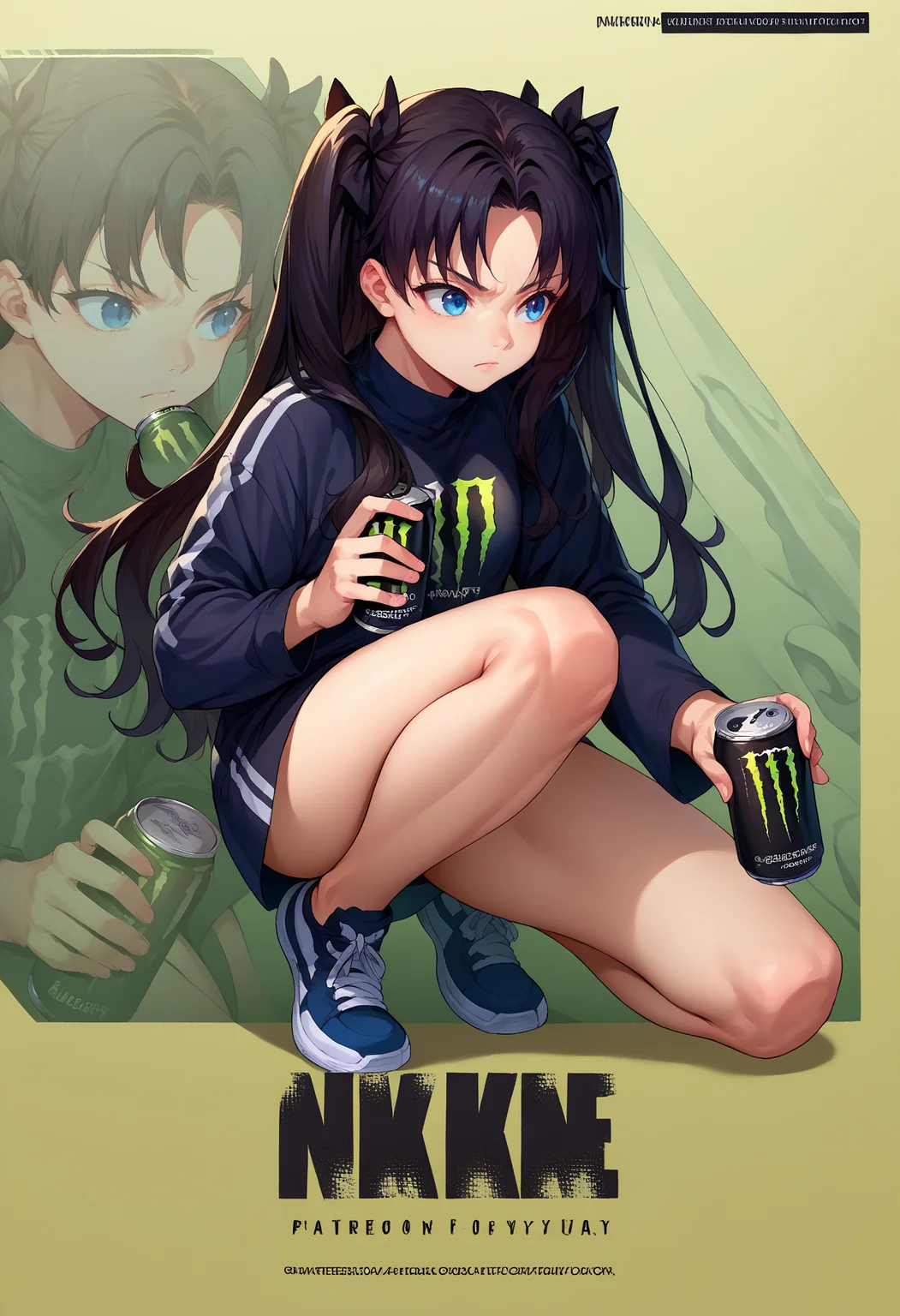 score_9, score_8_up,score_7_up, source_anime, 1girl, solo, <lora:EPfsnRinPony:1.0>, EPfsnRin, long hair, black hair, two side up, twin-tails, blue eyes, <lora:NikkeProfileV2_XLPD:1>, full body, zoom layer, on one knee, holding can, can, monster energy,