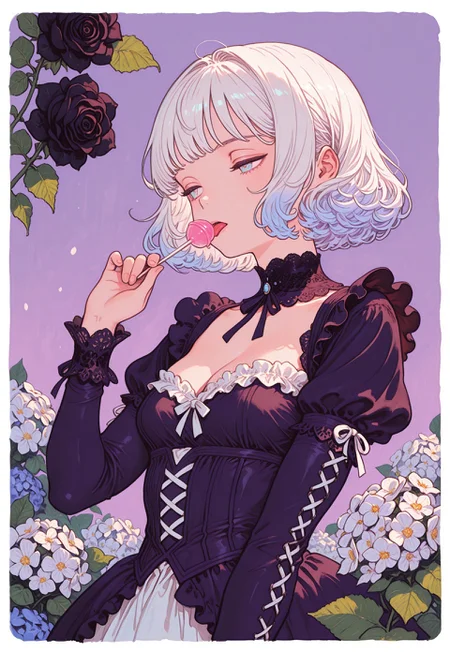 masterpiece, best quality, good quality, newest, highres, absurdres, from below,

pastel cyan eyes, white hair, multi colored hair, bob cut,
victorian black maid dress, frilled skirt, half closed eyes, dazed, emotionless, small breasts, cleavage,

1girl, solo, upper body, roses, hand up, licking lollipop, looking to the side, leaf, white poppies, black roses, gradient purple background with thick white border,

hydrangea, laced sleeves, Ethereal Brushstroke, Flat vector illustration, rakugakingu, oygilmb,