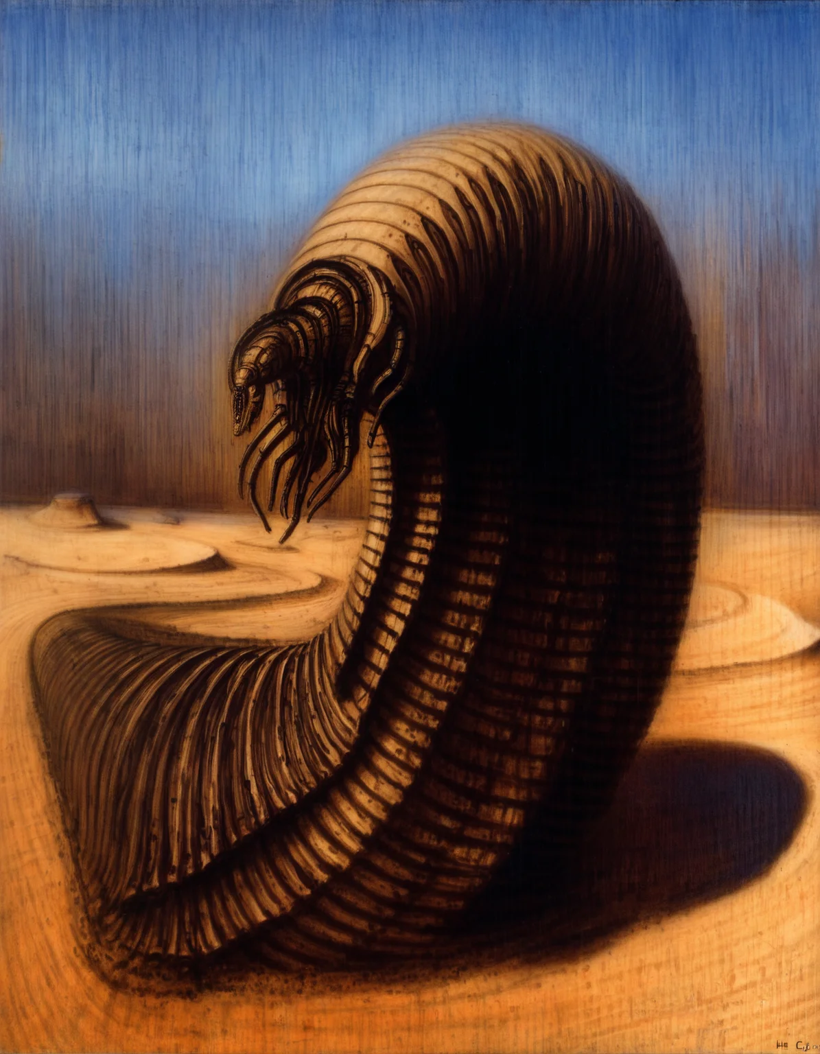 best quality, highres, absurdres, uhd masterpiece, 4k, painterly, realistic, (traditional media, sketch, inked:0.6), mecha monster, biomechanical giant worm, desert, dune, abundance of surrealism, artist: h.r. giger , horror \(theme\), shadow, hdr, <lora:HR Giger Illustrious 0.1-step00000630:0.7>