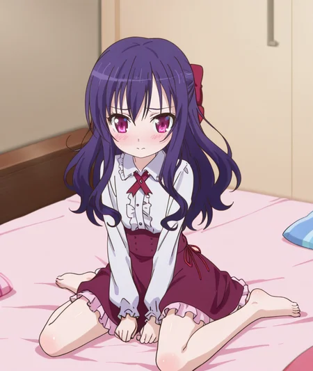 1girl,
BREAK solo,
BREAK closed mouth,looking_at_viewer,
BREAK cowboy_shot,
BREAK
on bed BREAK
BREAK
BREAK
BREAK
BREAK anime coloring,
BREAK shy,embarrassed,<lora:tenshi_no_3p!:1>,momijidani nozomi,wariza,