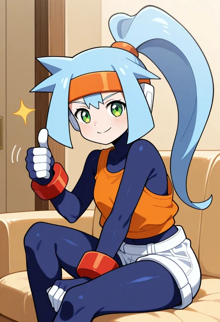 1girl, solo, ashemmzxa, blue hair, long hair, high ponytail, headband, green eyes, robot ears, bodysuit, orange tanktop, white shorts, red bracelet, indoors, sitting, couch, looking at viewer, thumbs up, smile,