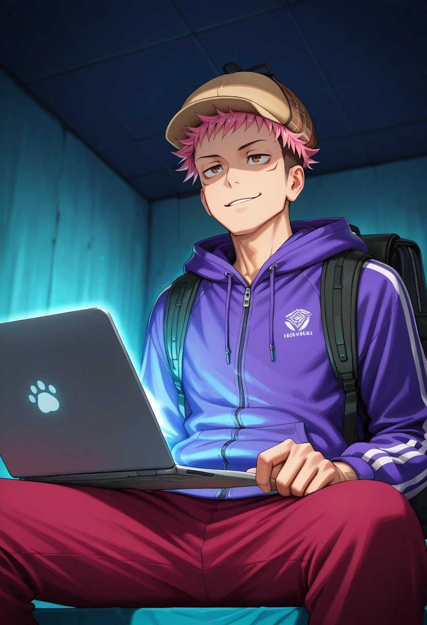 masterpiece, best quality, intricate details, (realistic:0.6), , 1boy, solo, male focus, <lora:yuuji_itadori_ilxl:0.96>, yuuji_itadori, pink hair, brown eyes, short hair, undercut, spiked hair, , from below, death valley, light, sitting, smirk, Indigo Harlequin Sateen Track pants, Zip-up hoodie, , Deerstalker hat, Laptop Sleeve Backpack and