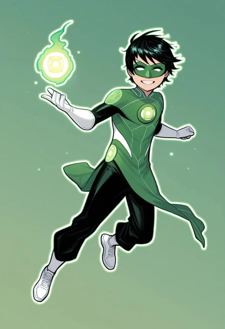 masterpiece, absurdres, high quality, perfect anatomy, 1boy, solo, cute boy, male focus, TaiPham, Black Hair, Green Lantern Ring, Green Lantern Costume, Green and Black Bodysuit, Green Domino Mask, White Eyes, White Gloves, Pelvic Curtain, Black Pants, White Shoes, Glowing Green Outline, Green Energy Aura, floating, levitating, big smile, cinematic, intricately detailed illustration, depth of field, masterpiece, best quality, amazing quality, very aesthetic, absurdres, newest, very awa,  shadow, dynamic angle, casual cosplay, dynamic pose, simple background, green theme