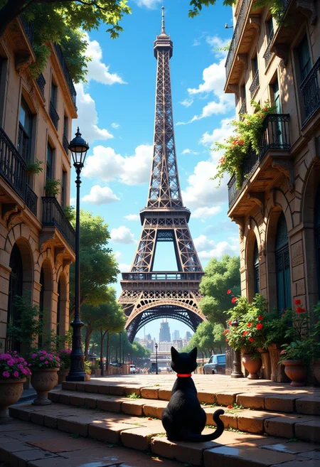 A charming scene of a black cat sitting at the bottom of a sunlit stone staircase, looking up towards the Eiffel Tower. The setting is a picturesque Parisian street framed with blooming flower boxes and wrought iron balconies. The perspective emphasizes the cat's silhouette against the warm tones of the steps and vibrant greenery, with the iconic Eiffel Tower rising majestically in the background under a clear blue sky with scattered clouds. Highlight the intricate details of the cat's red collar, the texture of the stone, and the romantic ambiance of the environment.
<lora:CPA:0.5> <lora:FLUX-daubrez-DB4RZ-v2:0.3> <lora:ck-shadow-circuit:0.35> in the style of cksc, <lora:Ethereal Brush Anime v2.0:0.3> <lora:It's a LoRA for portraits, BUT! actually specialized in backgrounds. v1.0:0.15> <lora:Dark_and_sentimental:0.8> <lora:dreadmirth-style-art:0.5> dreadmirthart