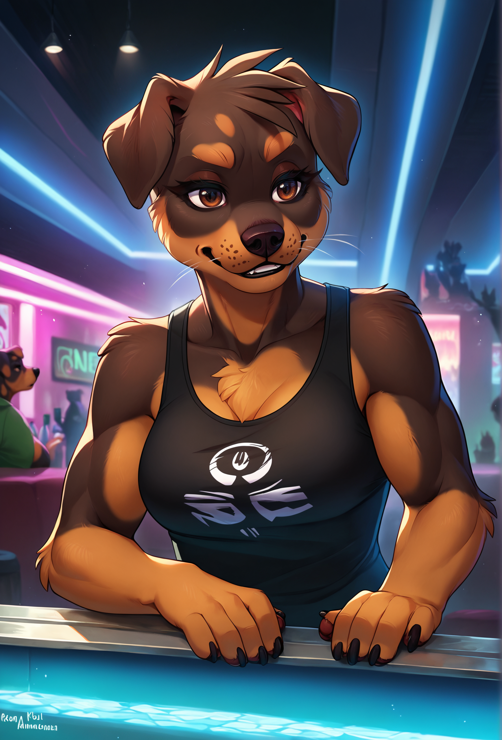 score_9, score_8_up, score_7_up, score_6_up, score_5_up, score_4_up, <lora:fluffkevlar_style_ponyXL_v1:1.0>, rating_safe, source_furry,
1girl, furry, solo, rottweiler, tank top, muscular,brown eyes, whiskers, fluffy, nightclub