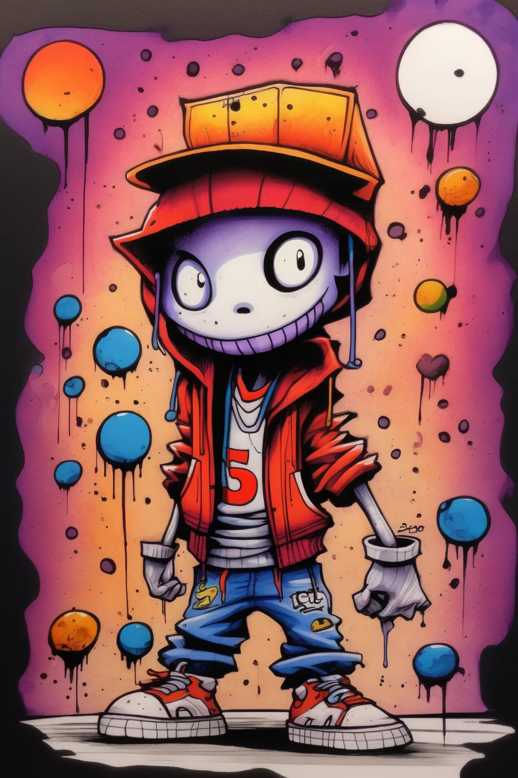 <lora:Skottie Young Style:1>Skottie Young Style - hiphop moon drawn and colored with markers cheo bristol art style