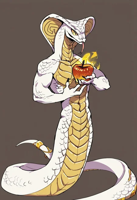 score_9, score_8_up, score_7_up, hi res, high quality, anthropomorphic_snakes_(naga), solo, white body, yellow sclera, slit pupil, scales, no humans, tail, light lavendar colored scales, matte texture, cobra head, tongue, holding a glowing apple in one hand, the other hand with fingers straight up in a payer pose at chest, hindu elements, hindi, indian<lora:Anthropomorphic_snakes_Naga:1>