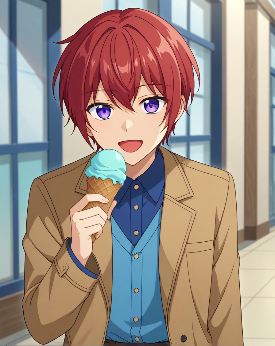 score_9, score_8_up, source_anime, anime screencap, original style, depth of field, BREAK, rating_safe, 1boy, solo, male focus, <lora:suou_tsukasa_pony:1> suou_tsukasa_pony, red hair, purple eyes, bangs, facing viewer,  blue shirt, collared shirt, brown coat, blue pants, holding food, holding ice cream cone, + +, open mouth, hand on own face, <lora:sdxl_lightning_8step_lora:1>  <lora:xl_more_art-full_v1:0.3>