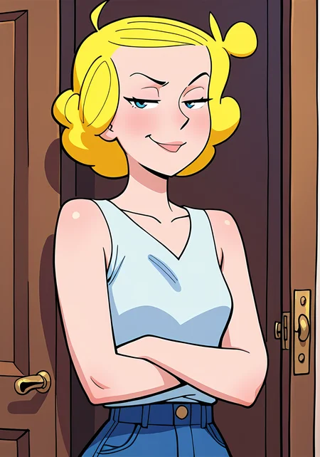 absurdres, 8k, high resolution, masterpiece, best quality, absolutely fantastic art, amazing quality, very aesthetic, 1girl, solo,<lora:alicecomic:.8>, alicecomic, blonde hair, ahoge, smirk
