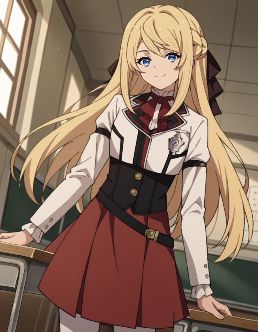score_9, score_8_up, score_7_up, source_anime,
arielanemoiasura, <lora:ariel-anemoi-asura-s2-ponyxl-lora-nochekaiser:1>,
ariel anemoi asura, long hair, blue eyes, blonde hair, braid, french braid,
skirt, long sleeves, pantyhose, frills, shoes, red skirt, loafers, white pantyhose, blazer, white blazer, corset, black corset,
indoors, classroom, smile,
looking at viewer, dutch angle, cowboy shot,