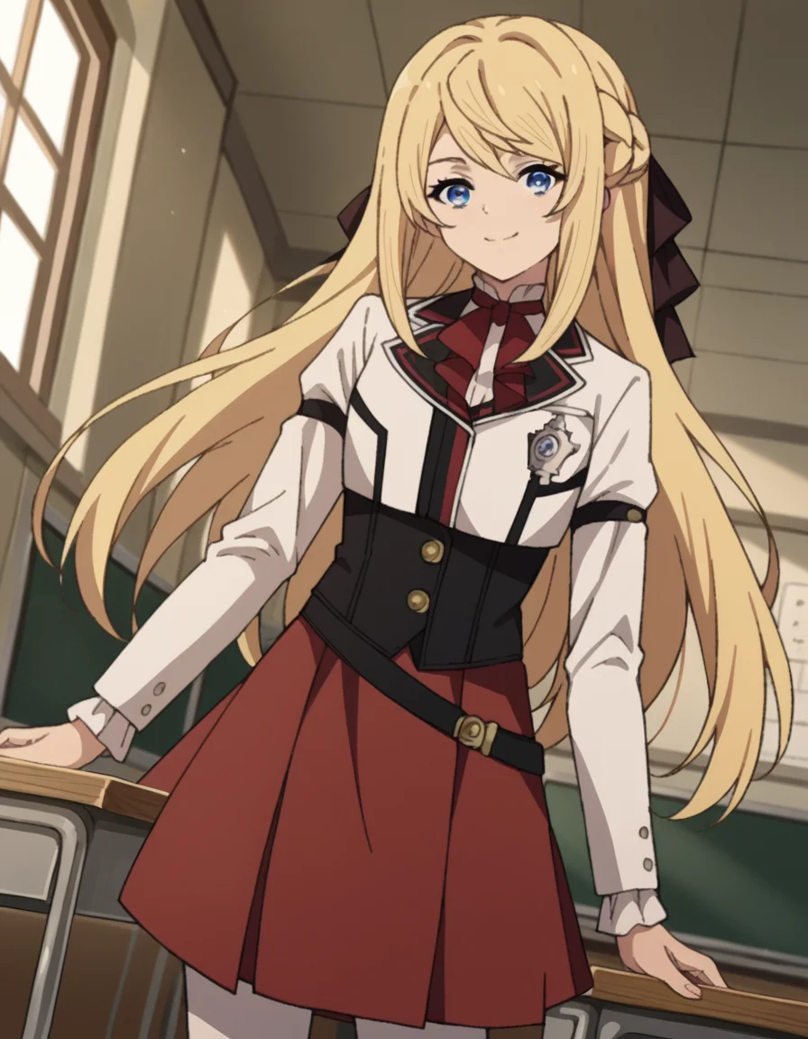 score_9, score_8_up, score_7_up, source_anime,
arielanemoiasura, <lora:ariel-anemoi-asura-s2-ponyxl-lora-nochekaiser:1>,
ariel anemoi asura, long hair, blue eyes, blonde hair, braid, french braid,
skirt, long sleeves, pantyhose, frills, shoes, red skirt, loafers, white pantyhose, blazer, white blazer, corset, black corset,
indoors, classroom, smile,
looking at viewer, dutch angle, cowboy shot,
