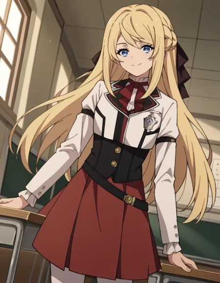 score_9, score_8_up, score_7_up, source_anime,
arielanemoiasura, <lora:ariel-anemoi-asura-s2-ponyxl-lora-nochekaiser:1>,
ariel anemoi asura, long hair, blue eyes, blonde hair, braid, french braid,
skirt, long sleeves, pantyhose, frills, shoes, red skirt, loafers, white pantyhose, blazer, white blazer, corset, black corset,
indoors, classroom, smile,
looking at viewer, dutch angle, cowboy shot,