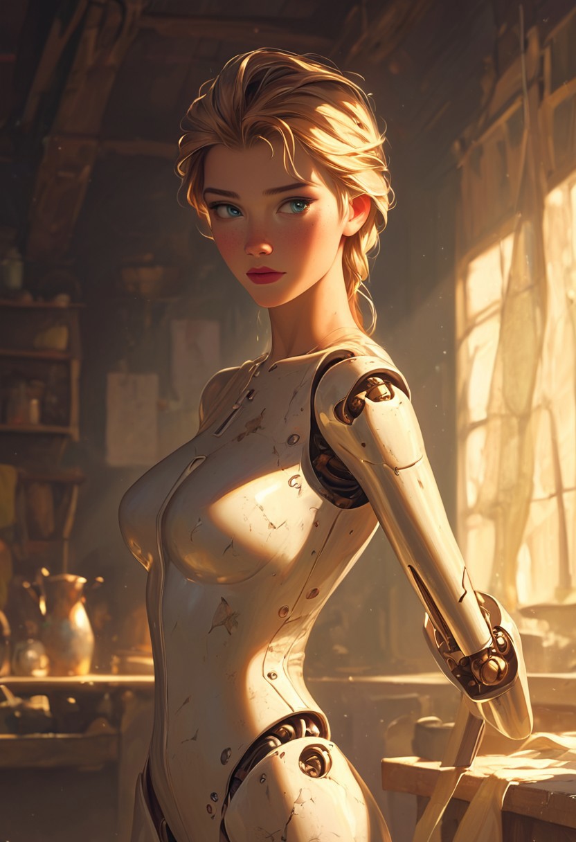masterpiece,best quality, highly detailed, score_9, score_8_up, score_7_up, score_6_up, source_cartoon,
 BREAK
1milf, dollmaker’s creation, porcelain joints, (mechanical breasts, cracked), attic workshop
BREAK
looking sideways (frozen scream), sawdust leaking, needles protruding from back, drawings pinned to body, dusty sunlight
 BREAK
dynamic light, warm_light, vibrant colors warm_colors, soft focus, high contrast, textured surfaces, depth of field, golden hour lighting, dramatic shadows, rich details, nature-inspired color palette, playful composition.
,dynamic angle,dynamic light,background,