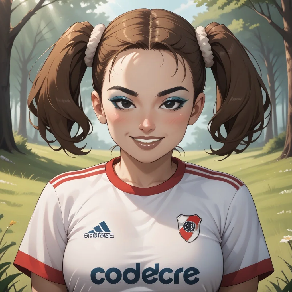 score_9, score_8, BREAK, solo, 1girl, female mii, brown hair, twintails, black eyes, black eyebrows, blue eyeshadow, makeup, blush, brown lips, lipstick, teeth, RiverPlate, striped shirt, striped, shirt, white shirt, short sleeves, clothes writing, sportswear, soccer uniform, big breasts, Yaami_(OC_Mii), plump, fat, chubby, sexy pose, self portrait, smile, looking at viewer, outdoors, sunlight, shadows, evening lighting, natural lighting, forest, trees, grass, orange sky, sunset