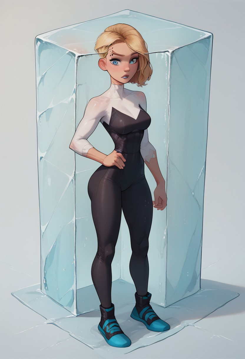 great detail, focus on girl, (full body shot), best quality, masterpiece, 
1girl, blonde hair,undercut,blue eyes, gwen stacy,
, score_9, score_8_up, score_7_up,
stuck inside ice cube, verybadimagenegative_v1.3, easynegative