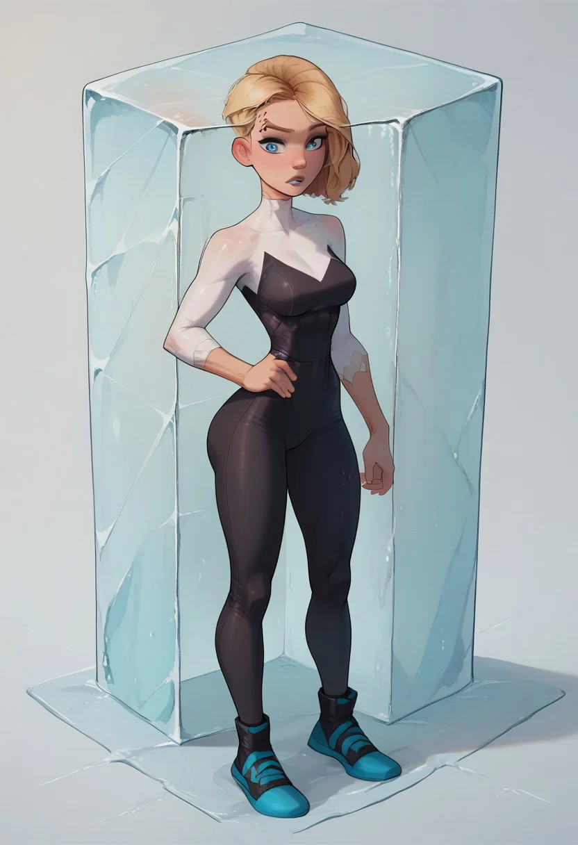 great detail, focus on girl, (full body shot), best quality, masterpiece,
1girl, blonde hair,undercut,blue eyes, gwen stacy,
, score_9, score_8_up, score_7_up,
stuck inside ice cube, verybadimagenegative_v1.3, easynegative